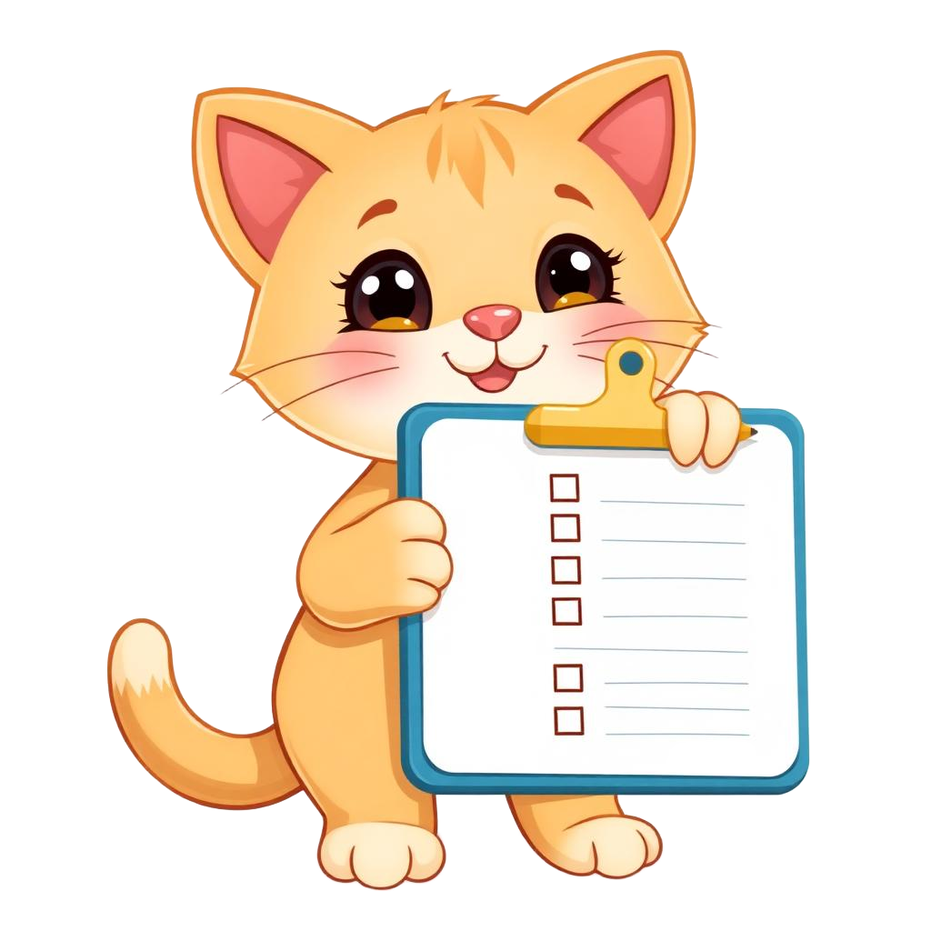 Quiz mascot kitten with clipboard